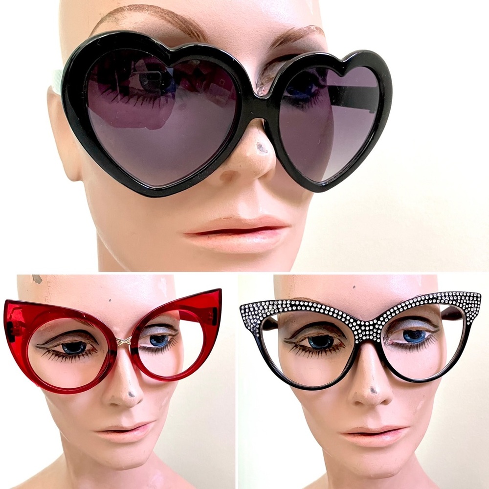 Retro heart sunglasses & red cat eye & black rhinestone cat eye frames set of 3